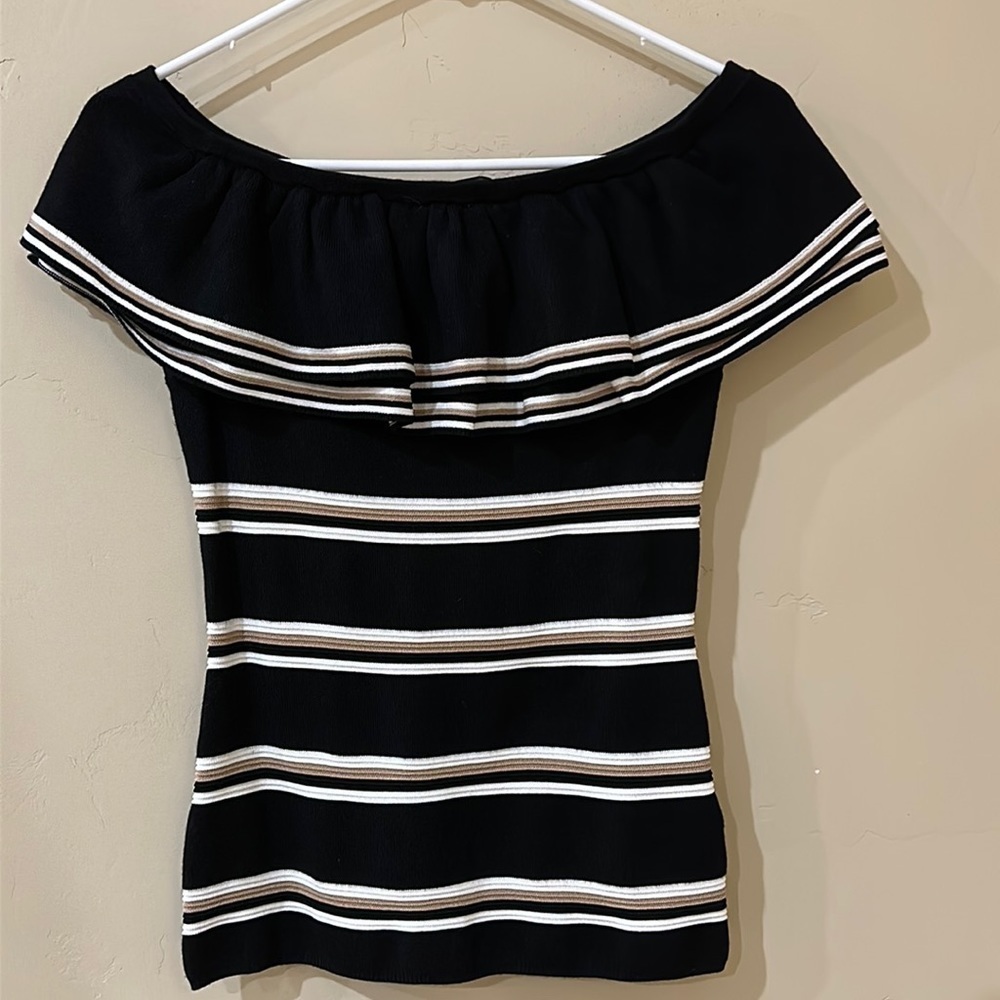 WHBM Off Shoulder Ruffle Striped Sweater Top Black tan white Sz S - Picture 4 of 14